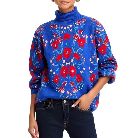 Farm Rio Butterflower Knit Sweater Blue Mock Neck Pullover Womens M Art to Wear - Picture 1 of 14